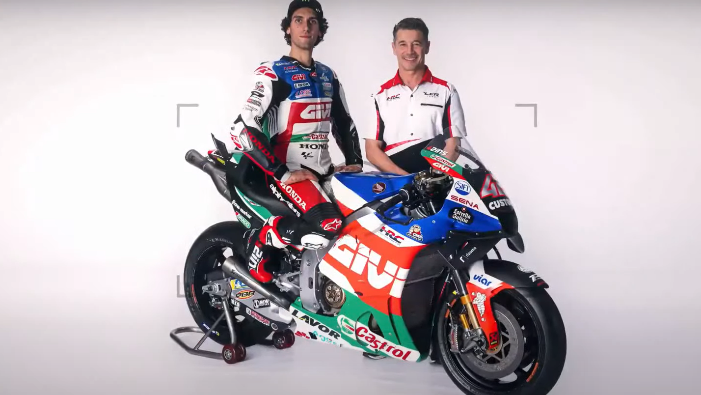 Alex Rins and Lucio Cecchinello with 2023 LCR Honda colours